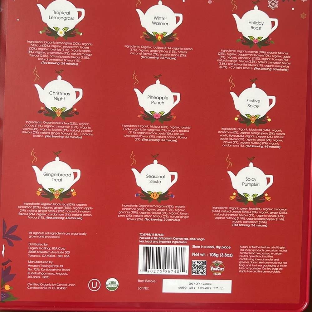 English Tea Shop Organic Christmas Gift 72 Tea Bags Exp 07/28 Holly Berry Box - Picture 2 of 2